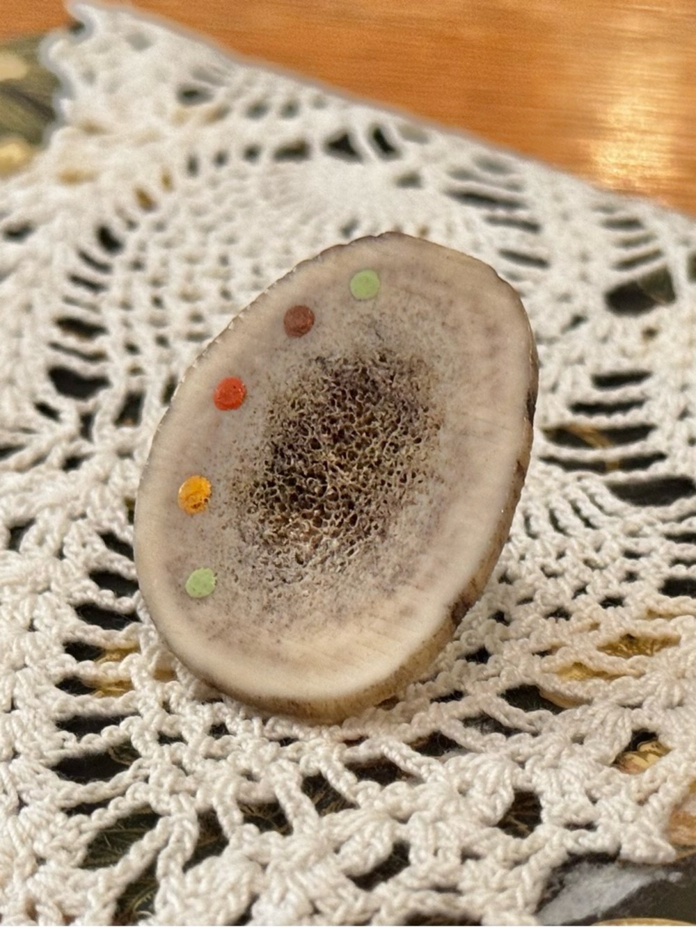 Handcrafted Antler Slice Statement  Adjustable Ring with Multicolor Dots